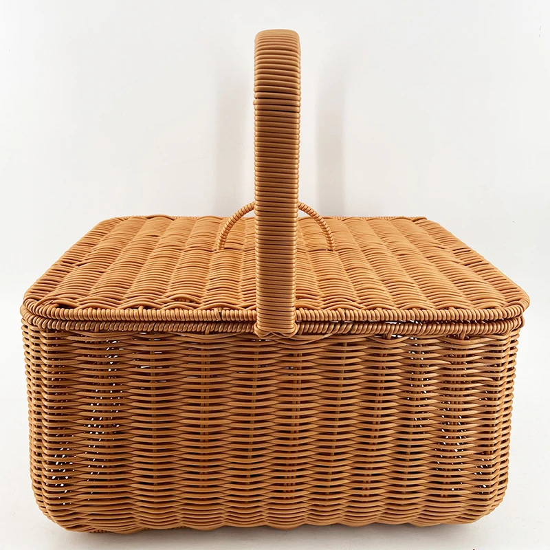 B13棕色长方带盖单提手郊游带盖野餐篮（可拆卸)加大号40*30*20