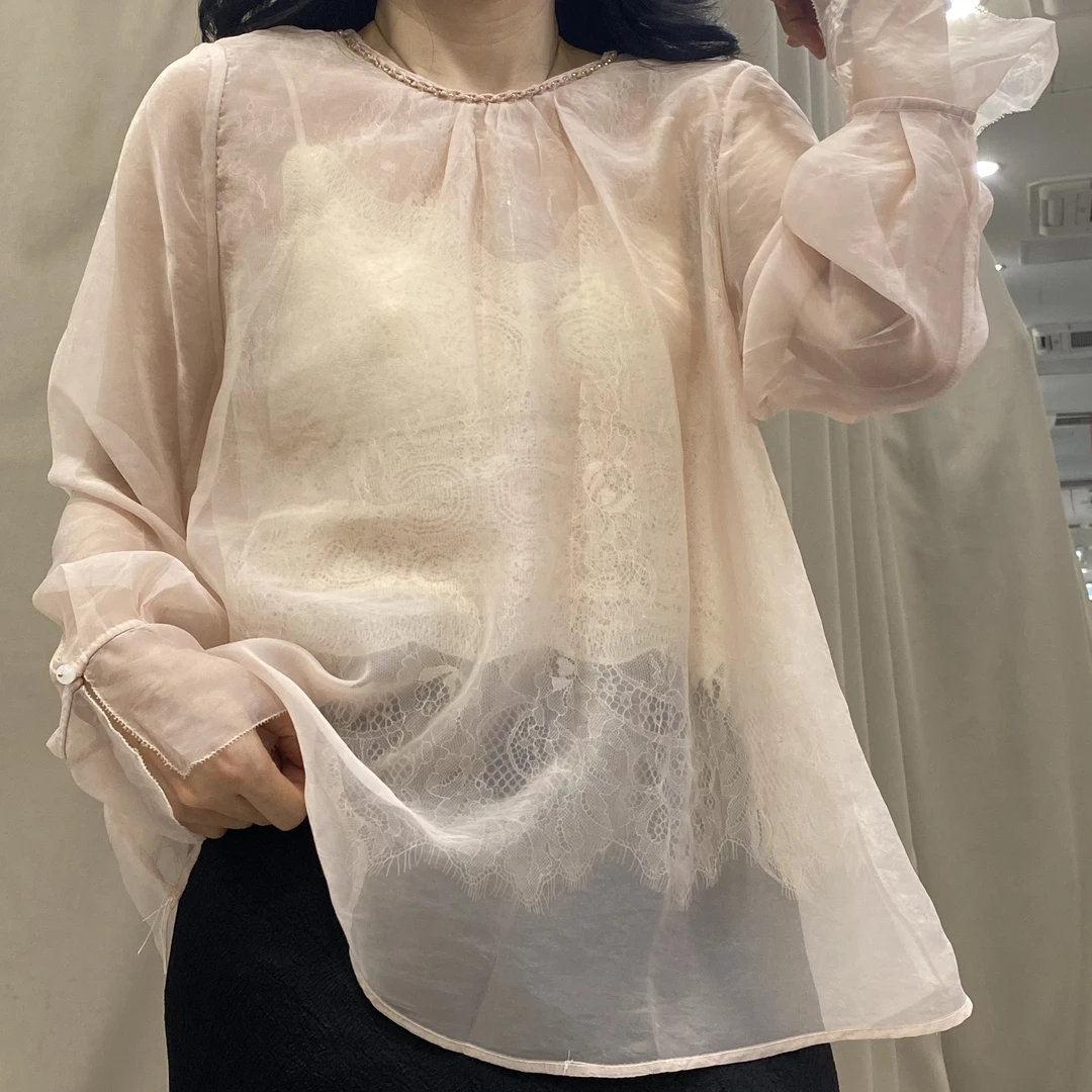 2025春夏新品欧货圆领套头重工小衫女袖口褶皱