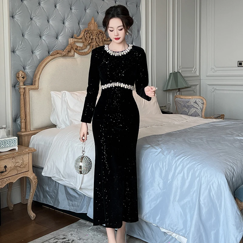 15351 气质长袖轻奢时尚名媛宴会优雅高贵法式修身连衣裙