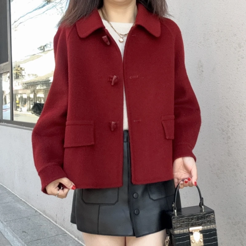 春季新款长袖翻领双面羊毛大衣短款外套DM2816
