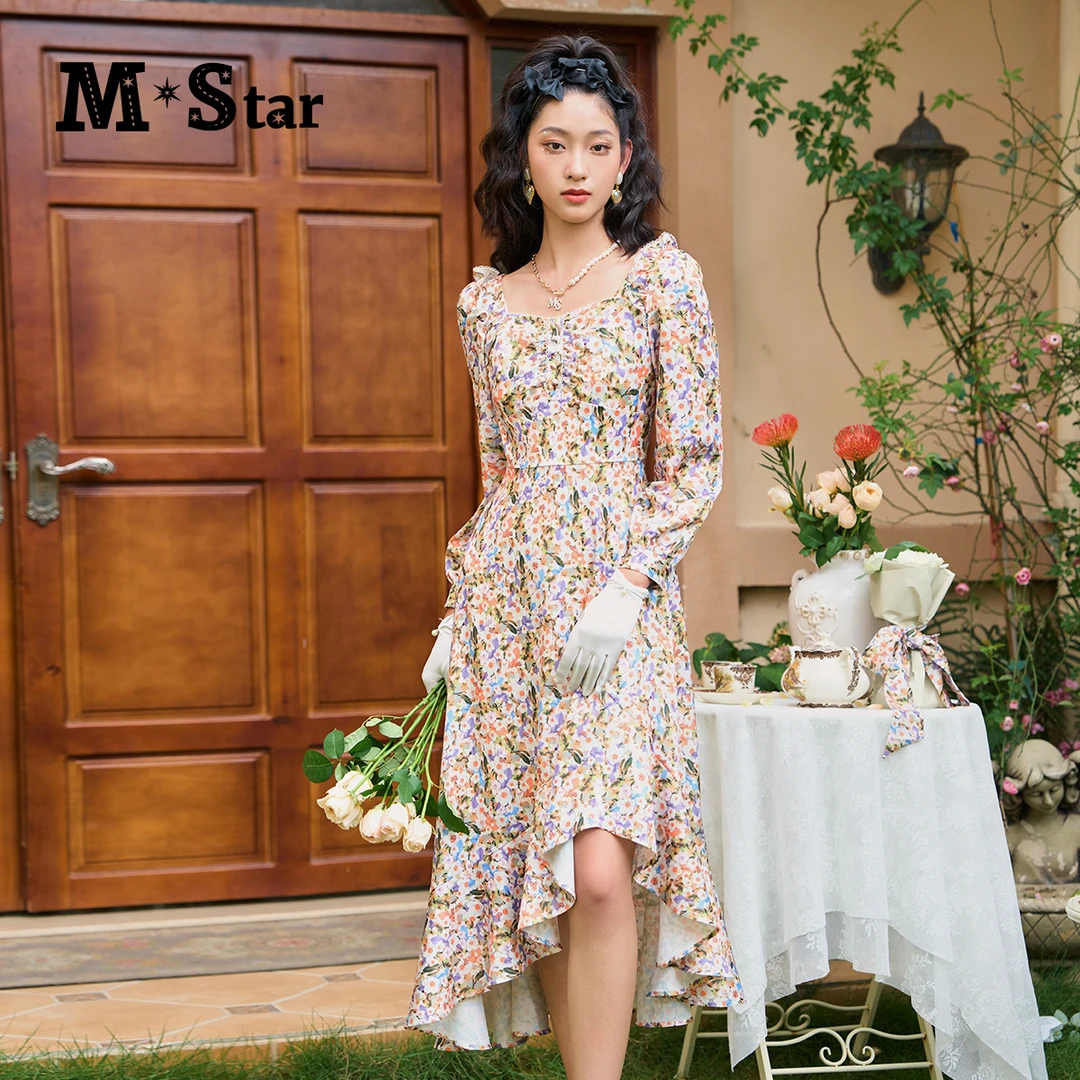 M-复古方领小碎花不规则女装连衣裙SEEL112546