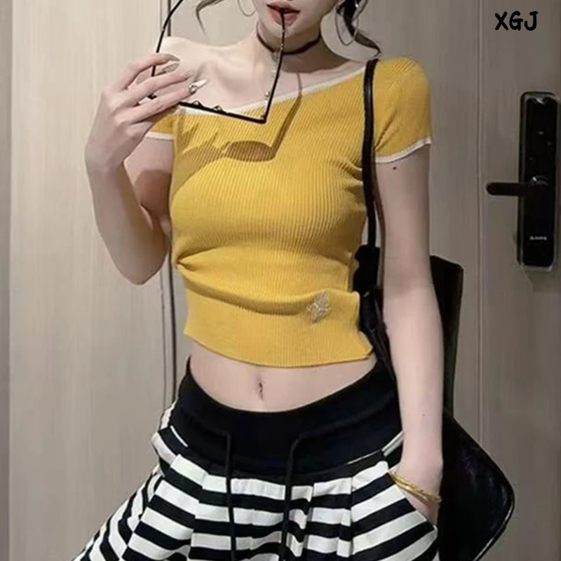 美式复古设计感斜肩撞色针织短袖上衣女夏季新款修身
