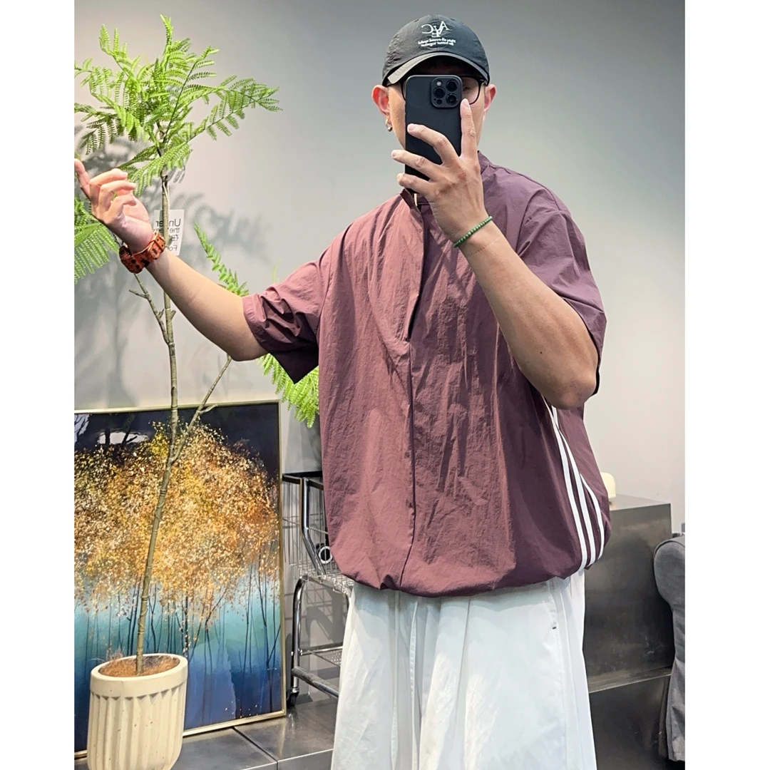 梁叔-设计款半开拉链拼色时尚痞帅套头宽松短袖衬衫男士T恤865-1