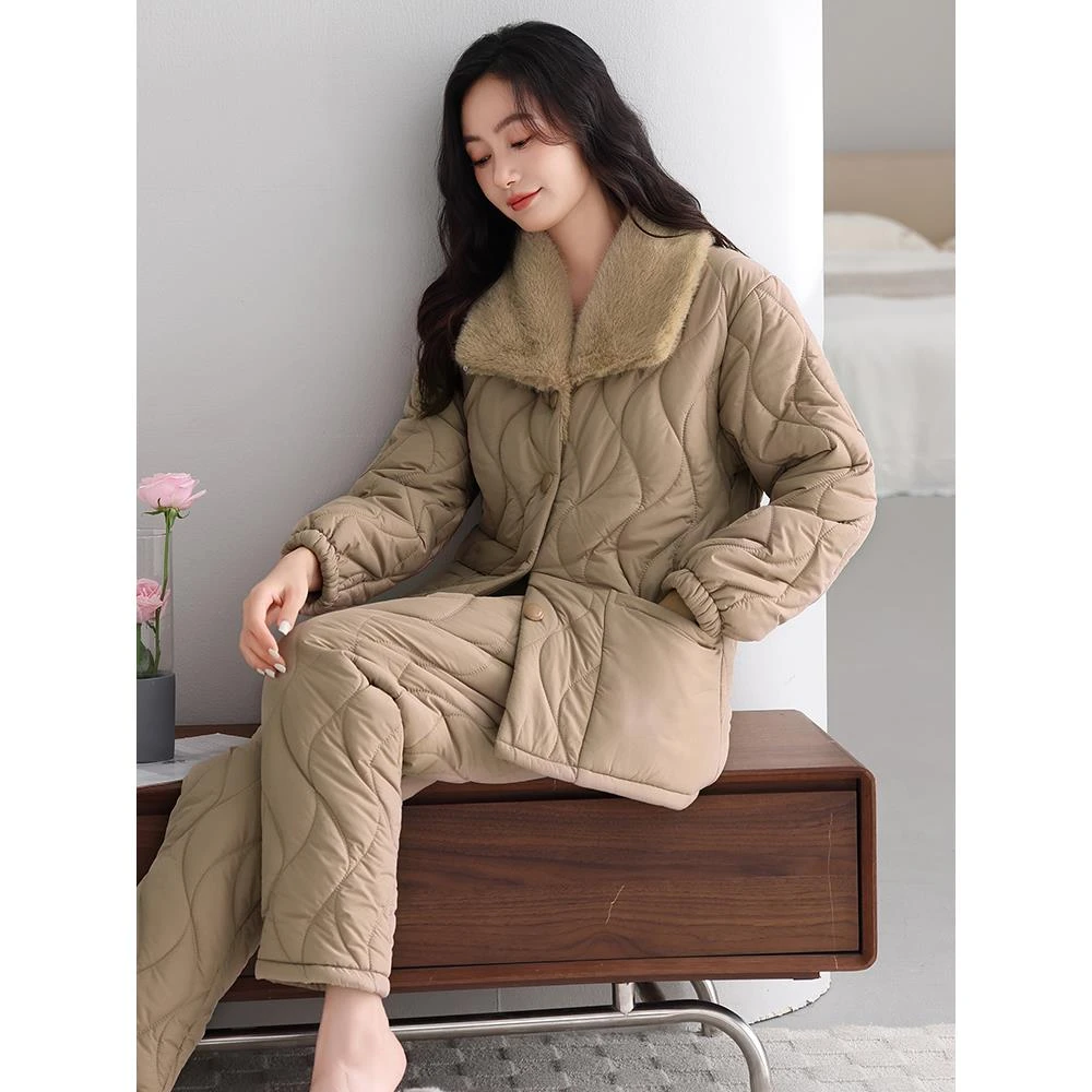 睡衣女款冬季三层夹棉加厚保暖冬款珊瑚绒加绒服家居服套装