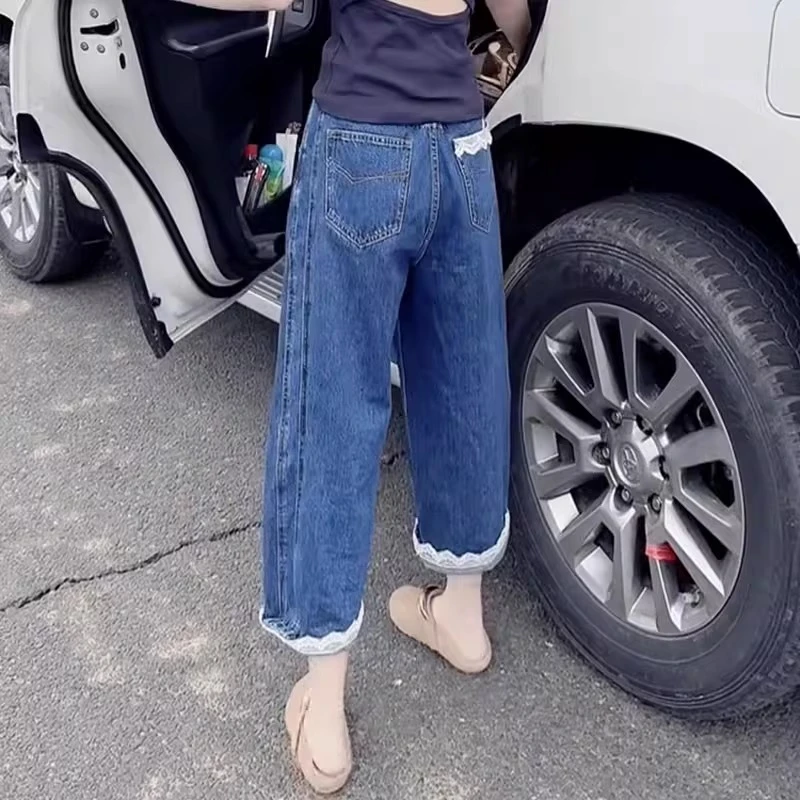 蓝色阔腿牛仔裤女大码胖妹妹mm夏季新款高腰显瘦薄款八分哈伦裤子