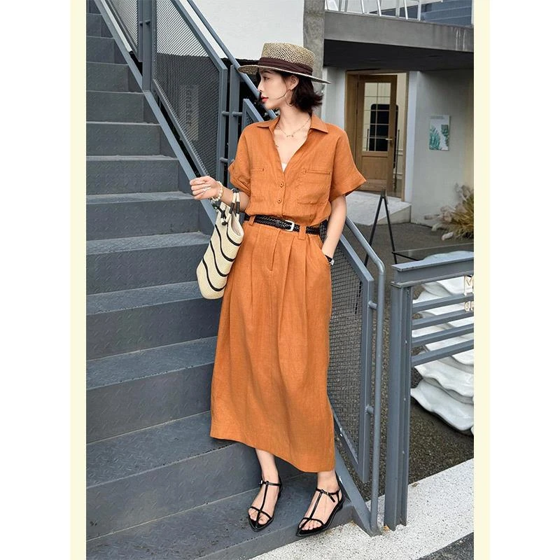 橘色棉麻衬衫连衣裙2025新款今年流行爆款法式度假大方得体的裙子