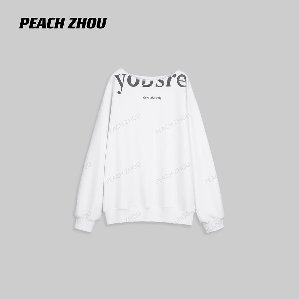 『PEACHZHOU』洗水做旧字母印花磨破一字罗纹船领露肩多穿法卫衣
