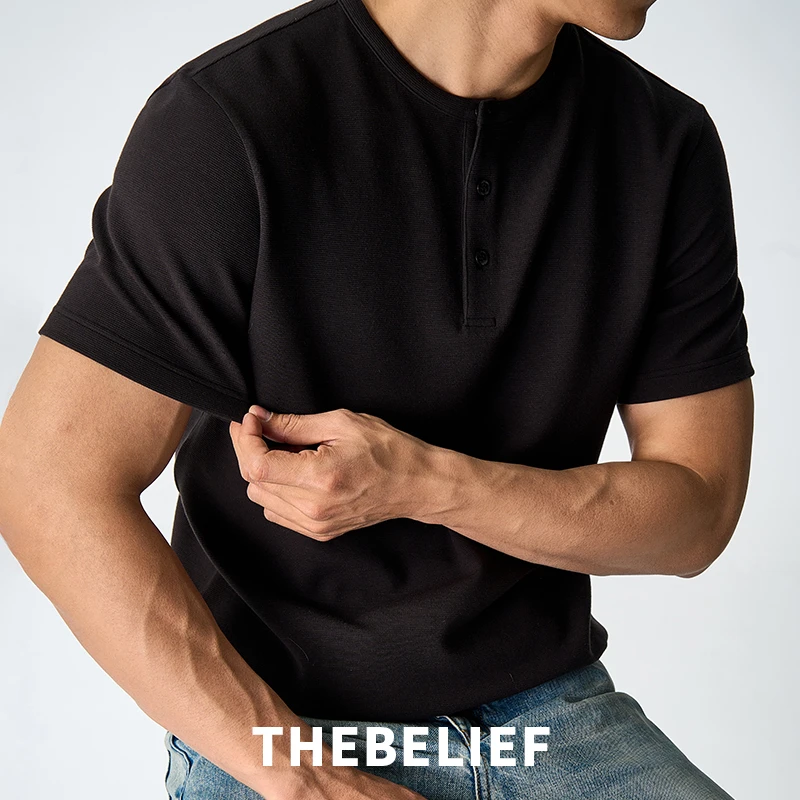 W8863#羊毛莫代尔短袖男夏季简约纯色高弹圆领套头T恤上衣男士