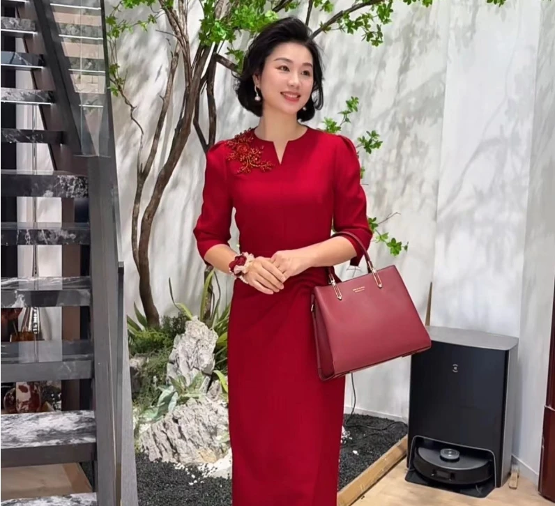 Y5093-喜妈妈中长裙修身高腰显瘦妈妈装女士连衣裙礼服婚宴气质