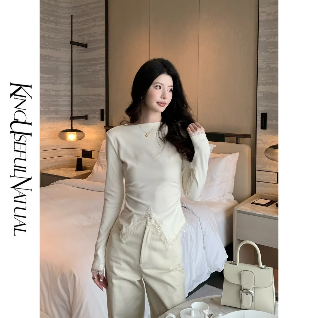 KUN【Lace 腰精】精致开挂人手一件下摆开叉拼蕾丝花边韩系打底上衣