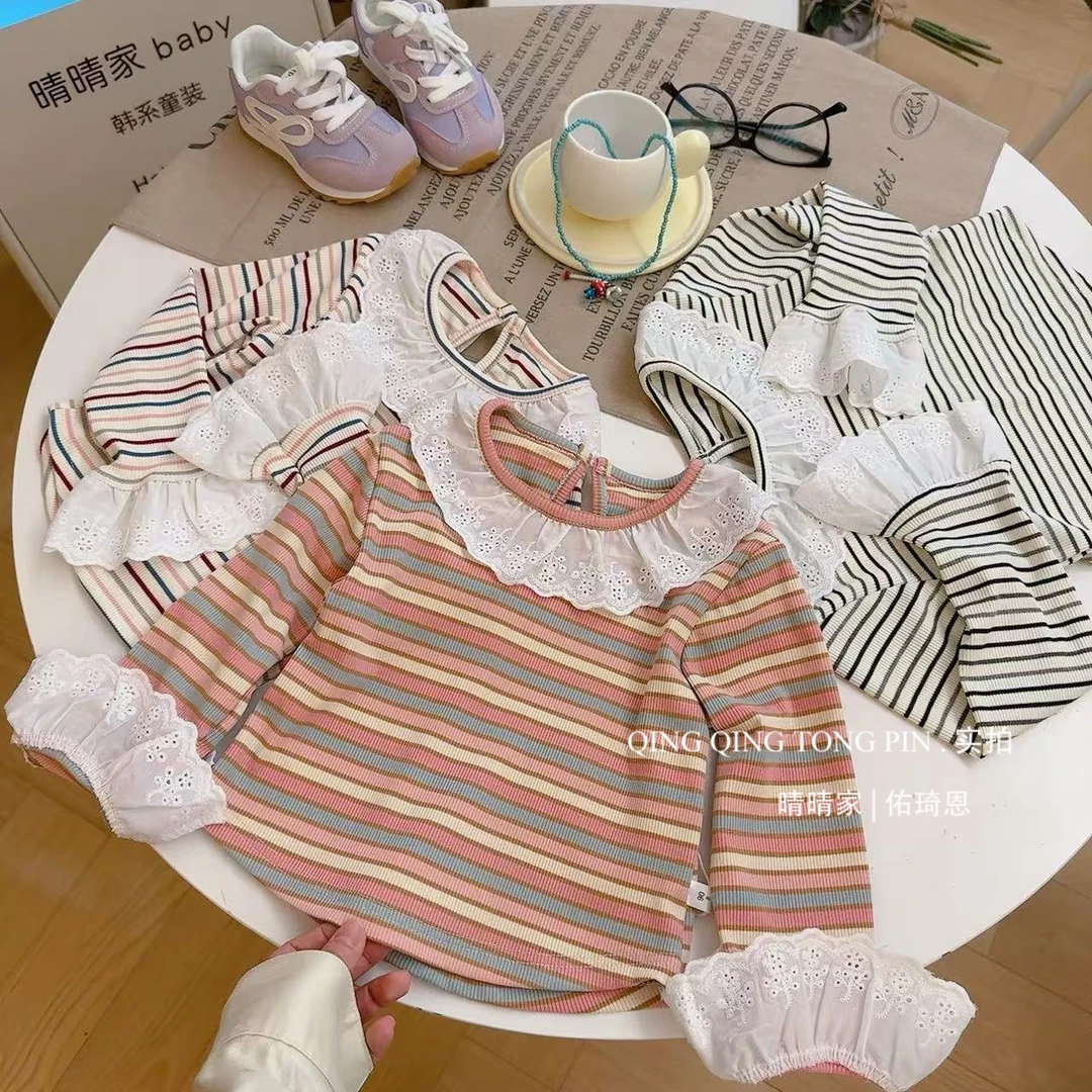 女童新品长袖T恤打底衫童装春季蕾丝花边条纹女宝宝儿童洋气上衣