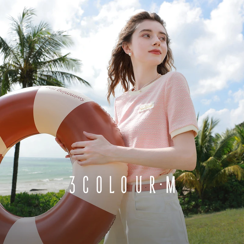 【真香T】三彩2025夏季新款小香风T恤圆领正肩短袖上衣宽松套头M