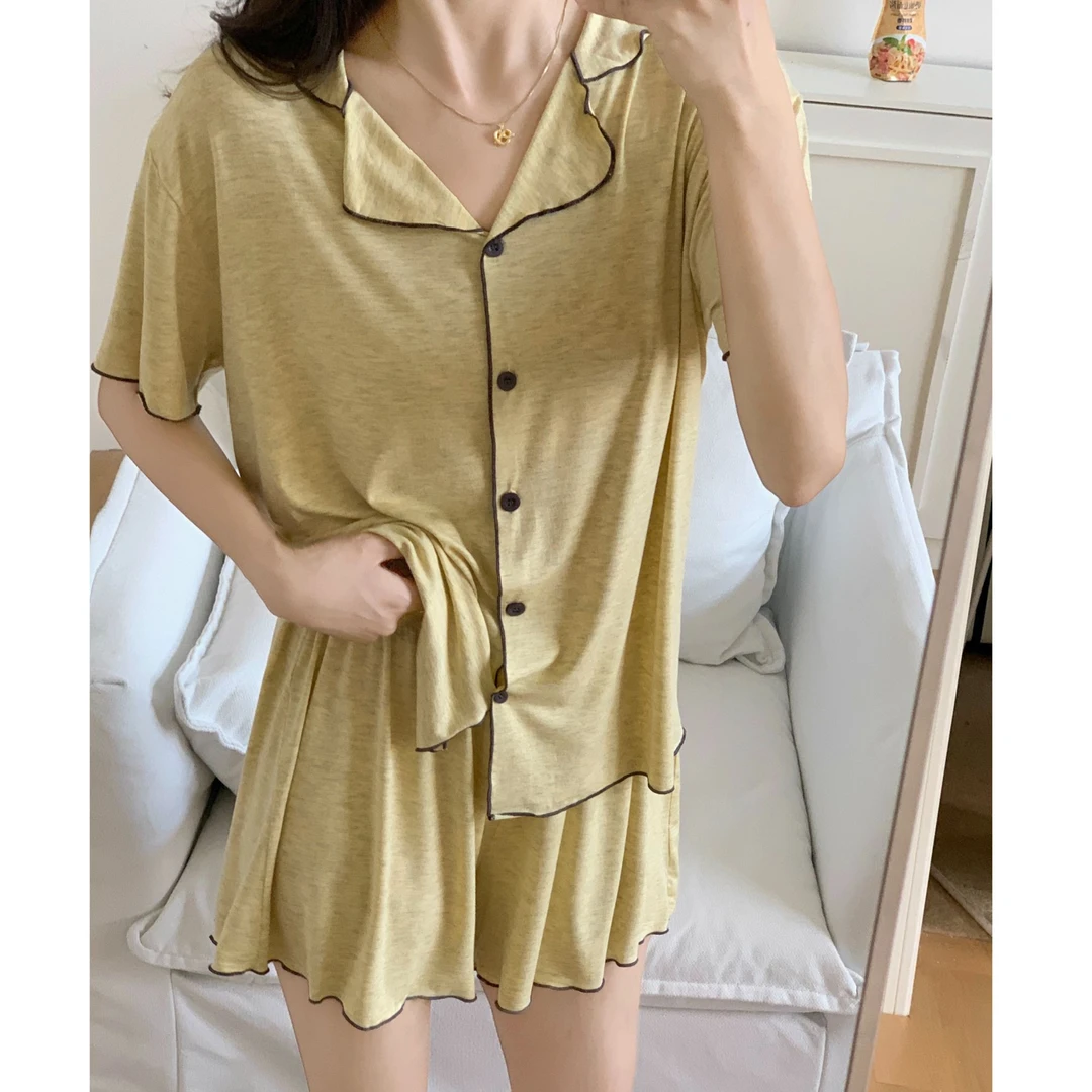 莫代尔开衫纯色睡衣女夏季新款高级感短袖短裤休闲简约家居服套装