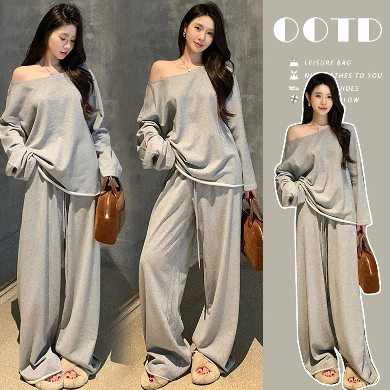 孕妇装2025春秋款时尚慵懒减高级感龄斜肩上衣直筒裤宽松孕妇套装