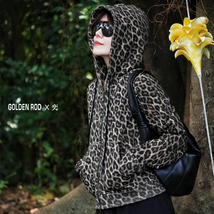 【GOLDEN ROD X 奕】原创设计师品牌2025秋季新款 水洗豹纹连帽卫衣