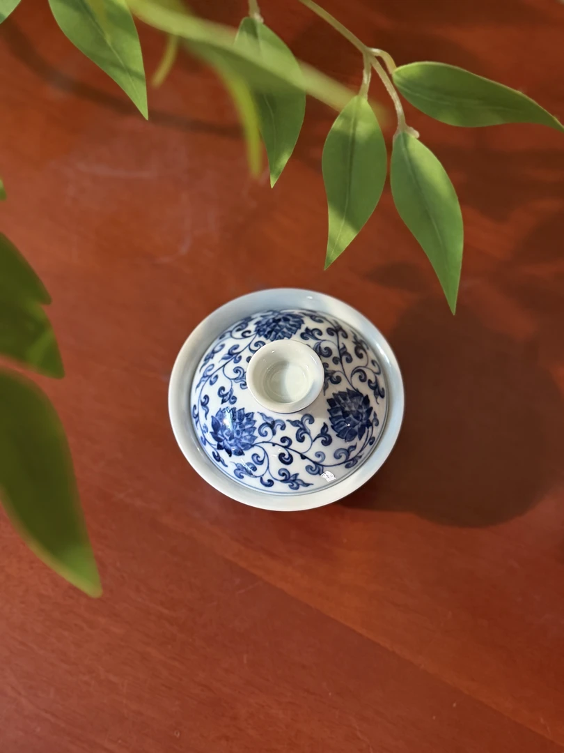 A987【景墨春风】景德镇手工手绘青花双凤盖碗100ml