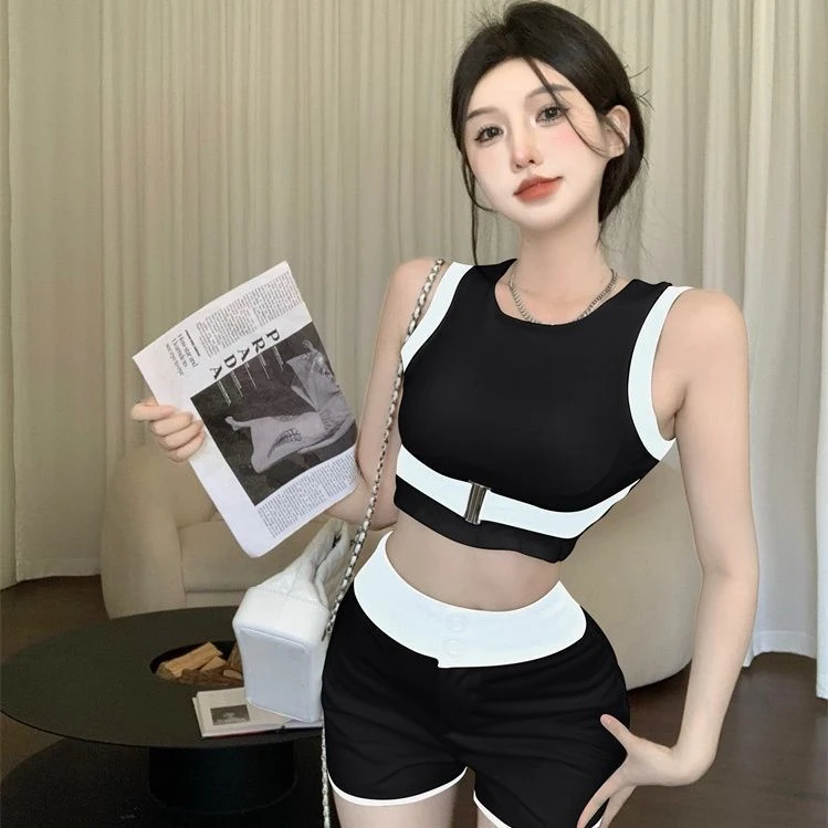 时尚女套装新款夏季修身美背上衣背心翘臀短裤子简约休闲两件套装