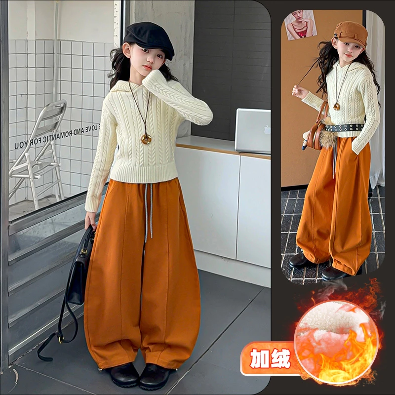 女童时尚冬季连帽毛衣加绒气球裤两件套套装6~12岁中大童洋气韩版