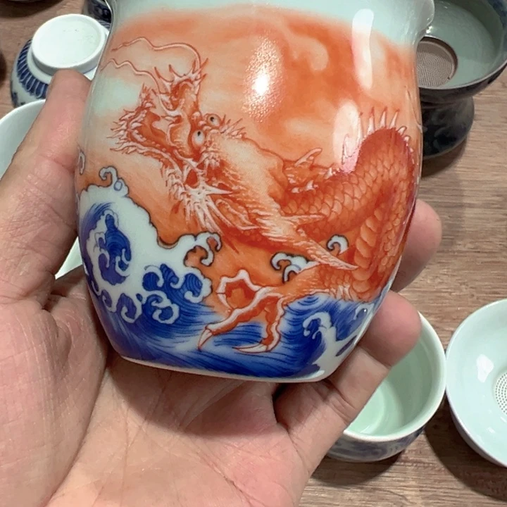 瓷片白青花泛红鱼化龙公道杯微瑕