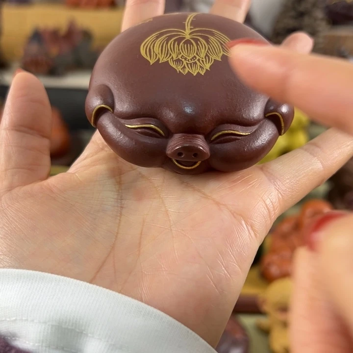 紫砂茶宠紫砂描金福猪