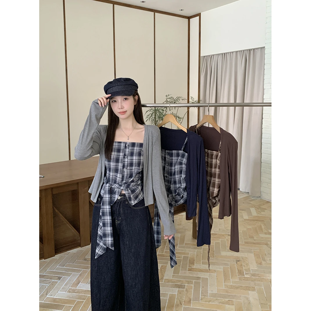 2025秋装新款新款百搭显瘦大码胖mm女甜辣格子吊带开衫上衣两件套