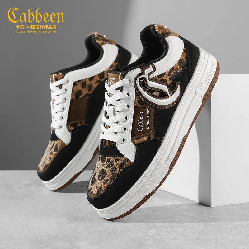 卡宾男鞋2026冬季新款白色厚底板鞋官方正品潮流百搭豹纹休闲鞋