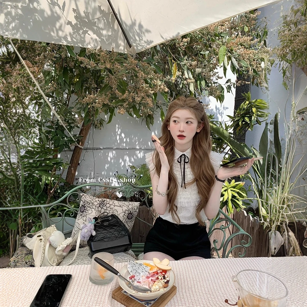 雪松奈奈子 千层宫廷风蝴蝶结小翻领蕾丝衬衫女上衣
