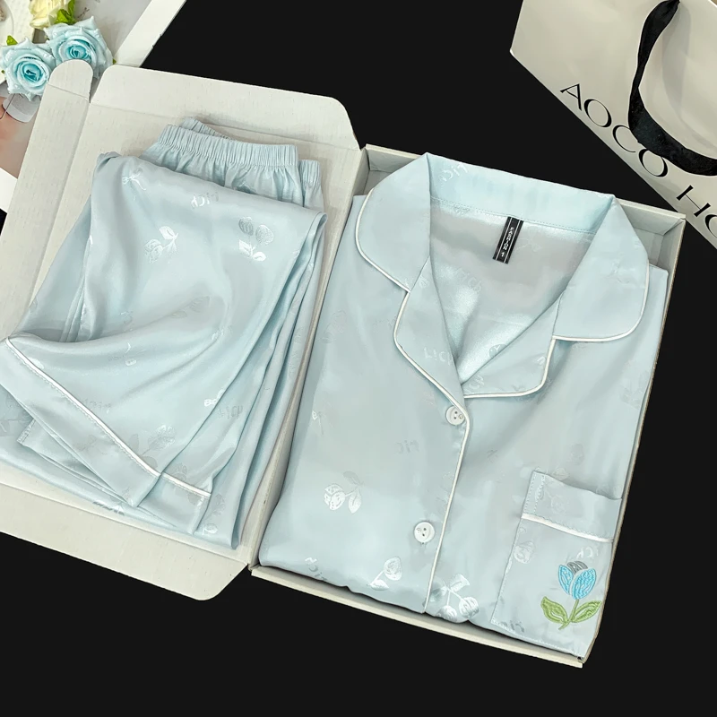 带胸垫长袖冰雪丝睡衣套装女秋季2025新款爆款真丝绸家居服可外穿