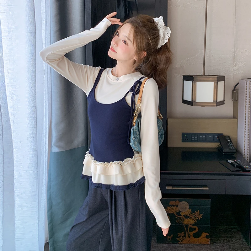 长袖休闲修身高腰夏季T恤外穿中国风韩版春装洋气时尚减龄两件套