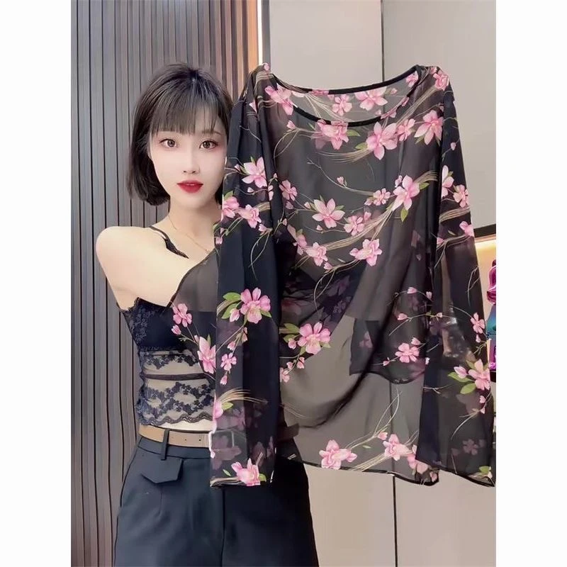 夏季新款圆领碎花雪纺防晒衫女大码胖mm宽松印花百搭休闲显瘦上衣