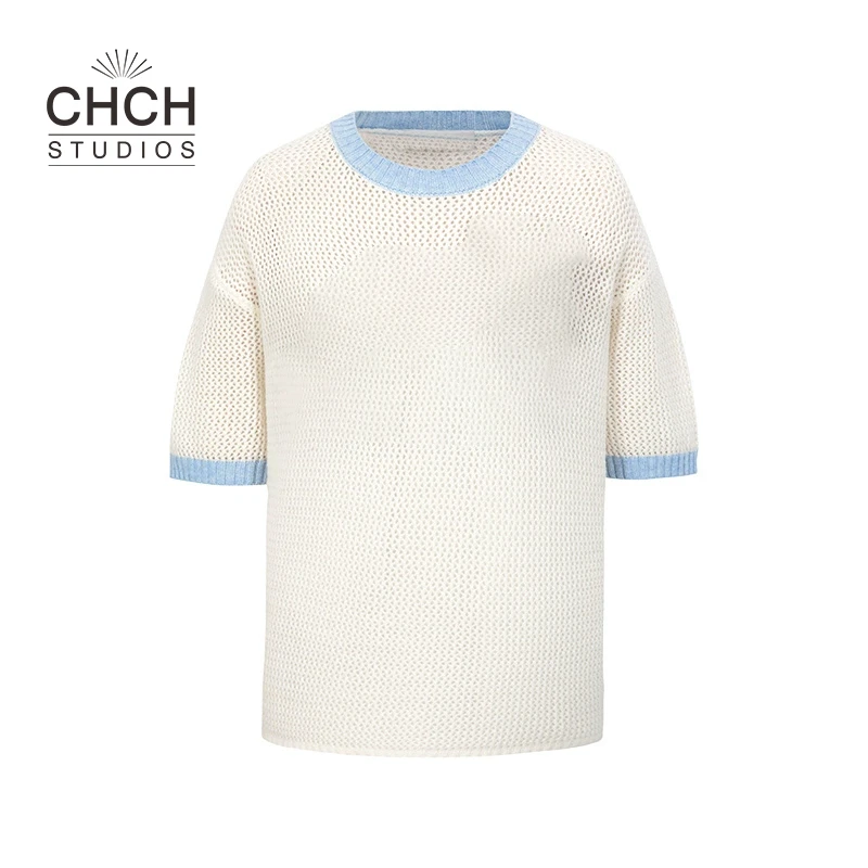 RAQZZ22545早春新款针织镂空短袖撞色logo宽松圆领百搭T恤