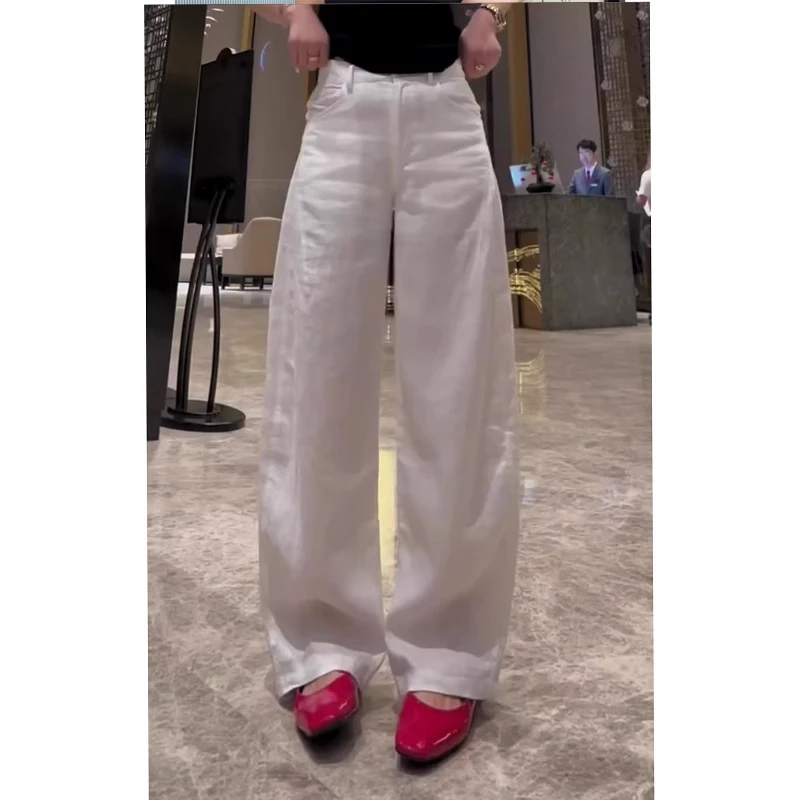 浅色天丝亚麻工装休闲裤女夏季薄款大码胖mm小个子直筒弯刀阔腿裤