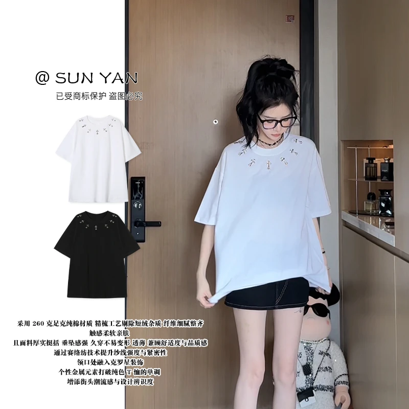 孙妍夏季【酷核Tee】时尚复古潮流领口设计感圆领显瘦百搭短袖女T恤