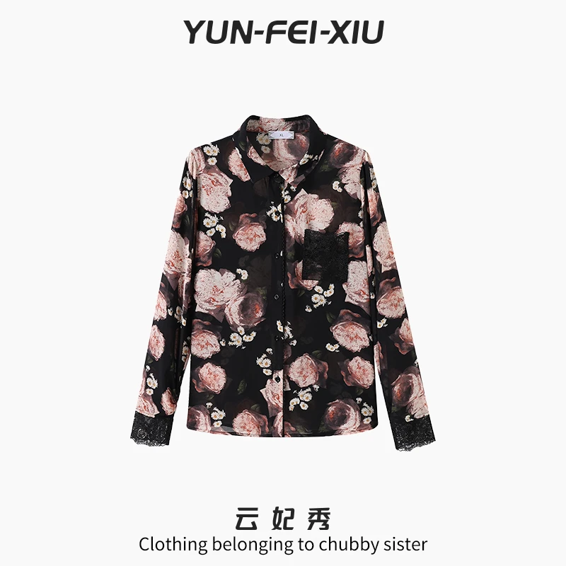 云妃秀大码女装衬衫印花蕾丝装饰时尚宽松显瘦遮肉胖妹妹春季5102