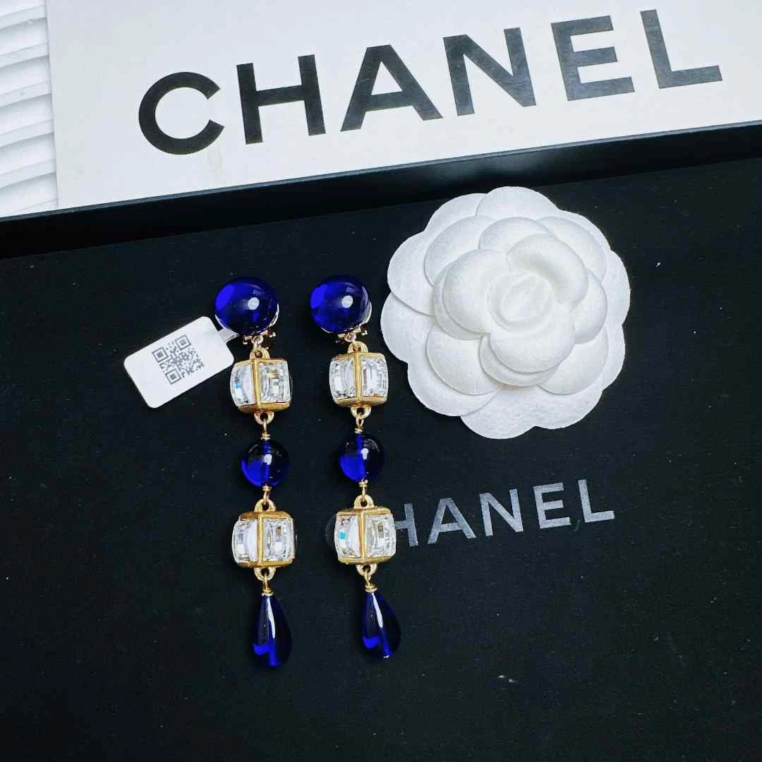 95新 Chanel/香奈儿 柚礼中古/香奈儿蓝琉璃莱茵石耳夹LE502013