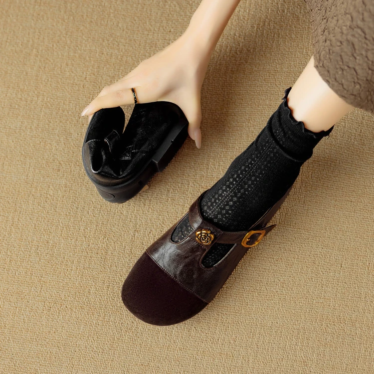 法式复古山茶花T字带玛丽珍奶奶鞋女春秋新款牛羊皮圆头平底单鞋