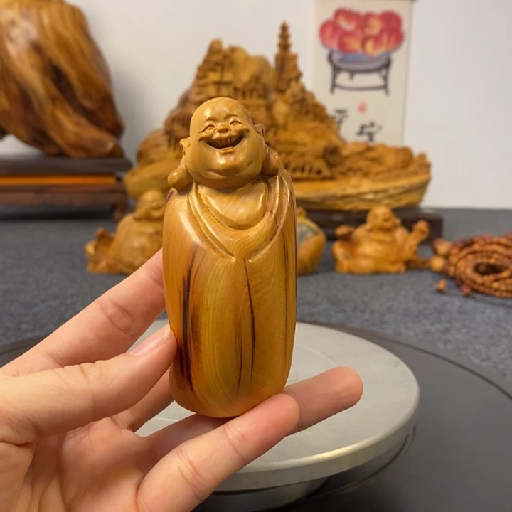 柏木崖柏弥勒佛手把件小摆件