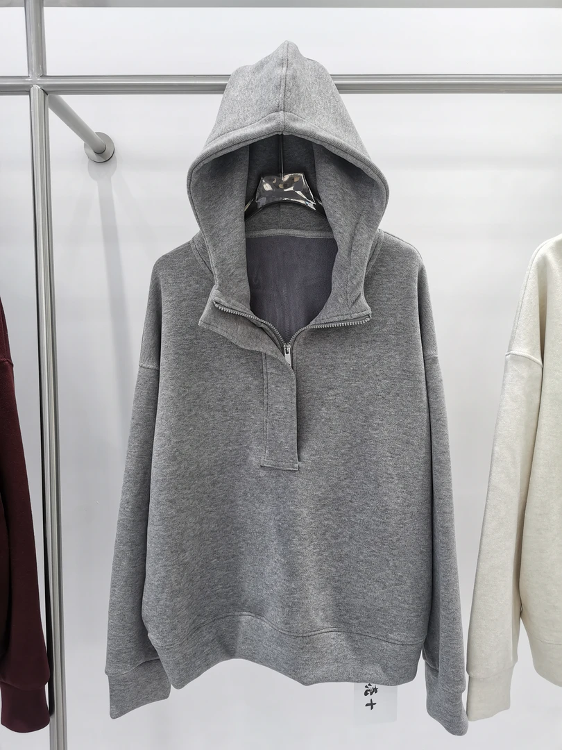 连帽宽松型卫衣灰色秋冬宽松休闲带帽女士加绒女装时尚上衣半拉链