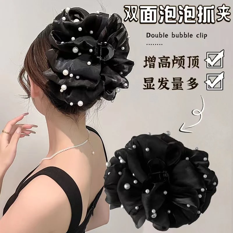2025新款泡泡网纱珍珠抓夹女气质多层蝴蝶结超大号后脑勺鲨鱼夹