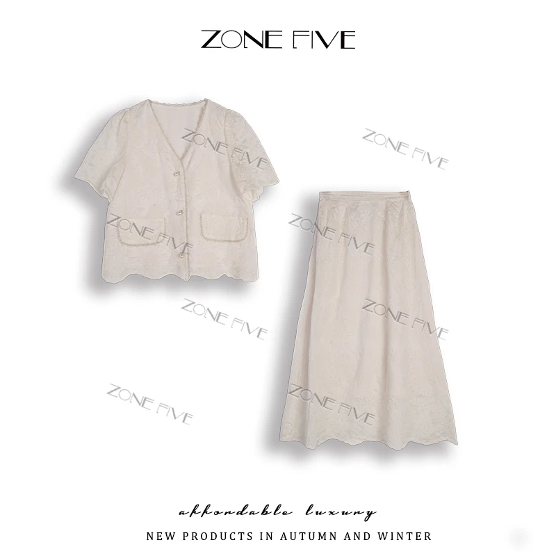 zonefive浪漫法式精致钉珠上衣半身裙两件夏季款套装TY88101