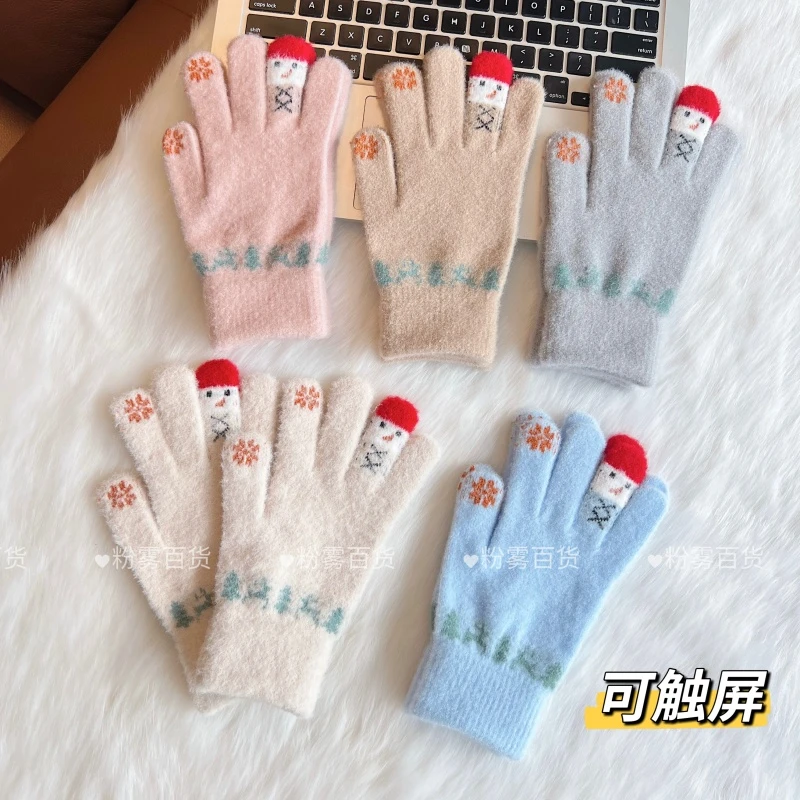 时尚毛线手套女士韩版触屏雪人可爱加绒加厚防风骑行开车学生保暖