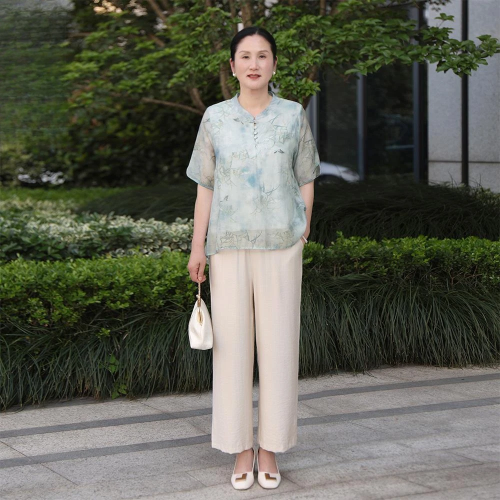 恒源祥彩羊夏季胖妈妈装复古印花国风显瘦阔太太高贵套装两件套妈