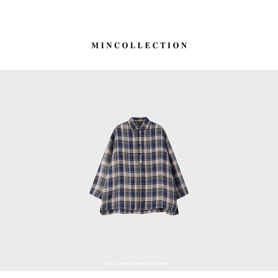 DE Mincollection日系格纹衬衫/复古色织亚麻格休闲套头衬衫55409