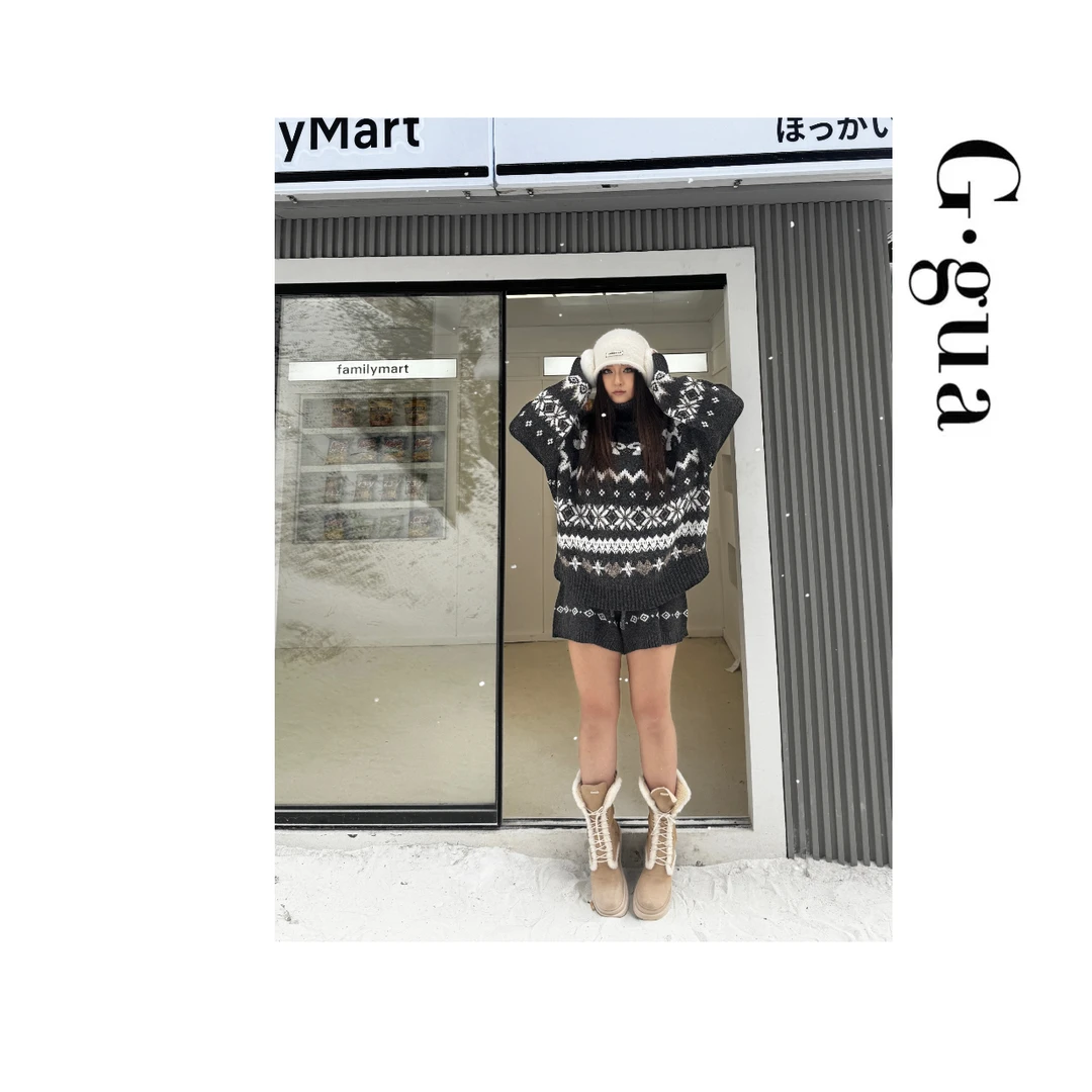 【张_Ggua】大码复古深灰费尔岛提花长袖毛衣秋冬短裤A字两件套