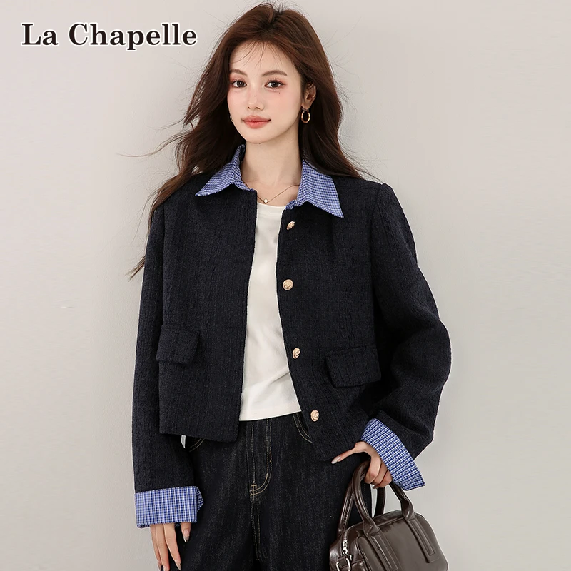 拉夏贝尔韩系撞色polo领假两件短款外套女秋冬季温柔拼接气质开衫