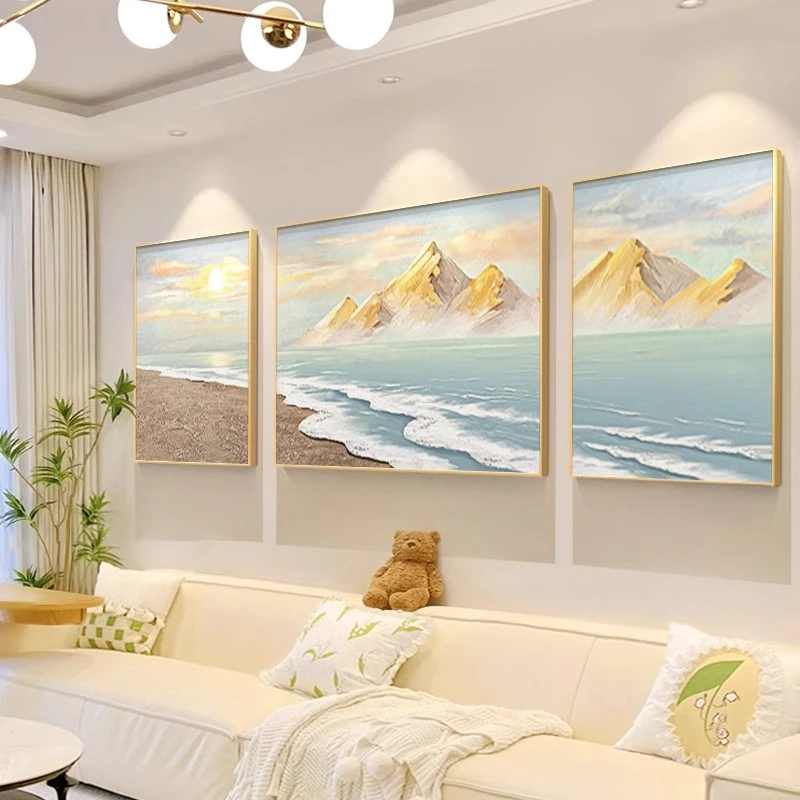 现代轻奢客厅沙发背景装饰画三联画抽象肌理风景金山挂画手绘油画