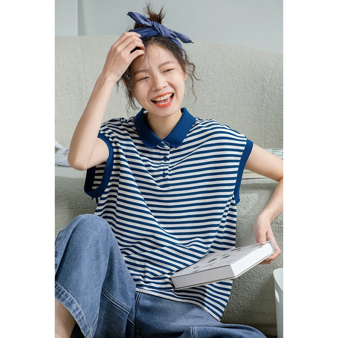 清 清 清」航海Polo衫」显瘦坎袖条纹撞色百搭翻领T恤上衣女 D40137