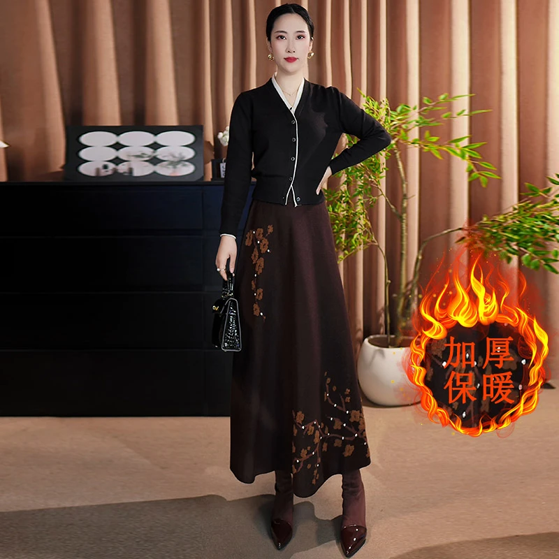 原版加厚显瘦大摆裙垂感毛线裙秋冬遮胯a字裙冬季提花针织百褶中