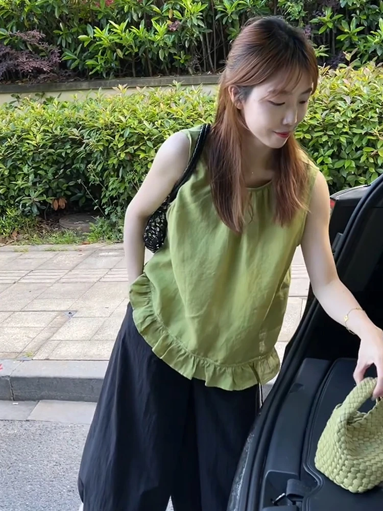 韩系绿色荷叶边无袖衬衫女夏季2025新款茶里茶气别致背心休闲上衣