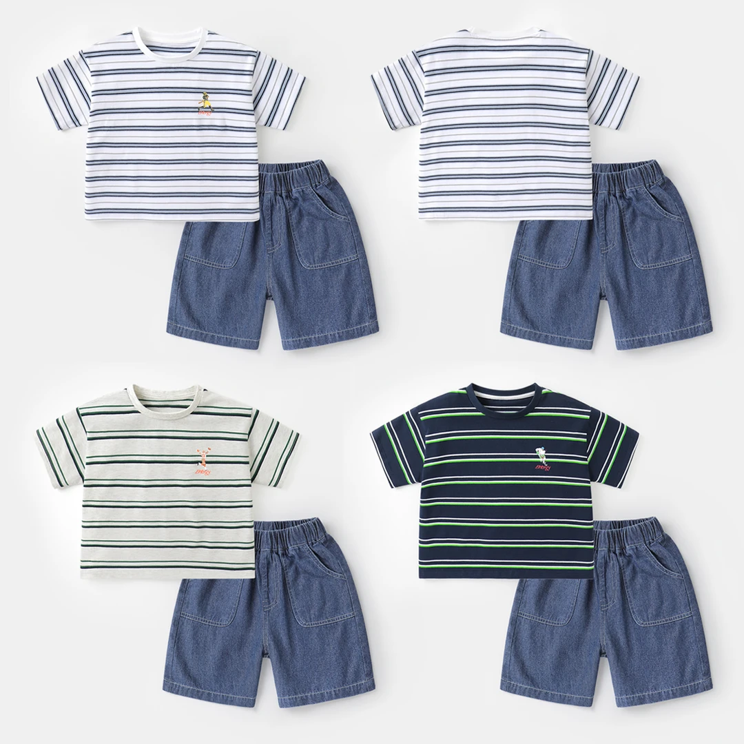 【儿童时尚条纹T恤】男童条纹短袖牛仔短裤套装洋气休闲夏潮UZ1199